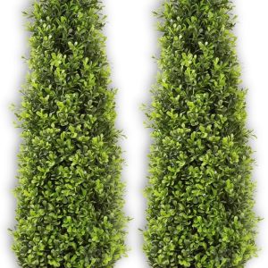 Season's Need 2.8ft Artificial Boxwood Topiary Tree 34inch Tall with Wooden Pots for Outdoor & Indoor Porch Décor 2-Set