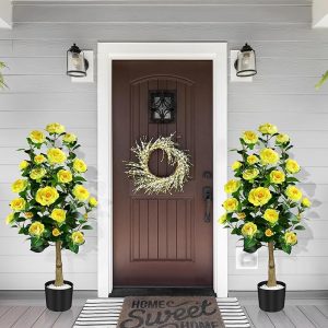 Artificial Camellia Tree 39", 2 Pack Artificial Plants & Flowers Outdoor, 3.25 FT Large Fake Plant in Pot, Large Faux Tree Indoor for Office Living Room Home Decor (Yellow Camellia Tree)