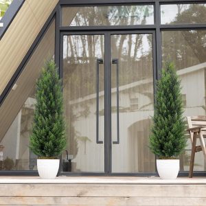 Artificial Topiary Cedar Trees 4FT Tall 2 Set, Outdoor Indoor Faux Pine Shrubs Plants, Realistic Fake Plants Front Porch Decor, Artificial Bushes Cypress for Home Front Door Offices